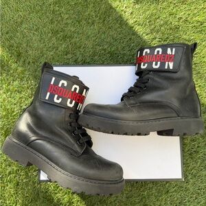 DSQUARED2 Junior Icon Combat Black Leather Boots Lace Up Kids Runner size 32